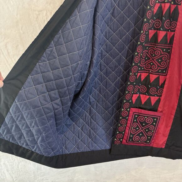 Handmade Quilt Jacket Red Black Patchwork Boho Festival Folk Art Large - Picture 9 of 11
